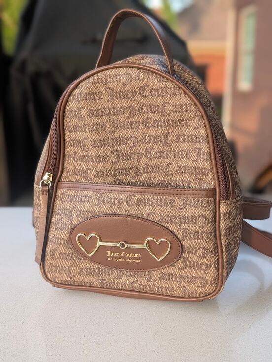 Juicy Couture Handbags - Juicy Couture Y2K Monogram Mini Backpack Purse Heart Detail 2000s Brown Bag